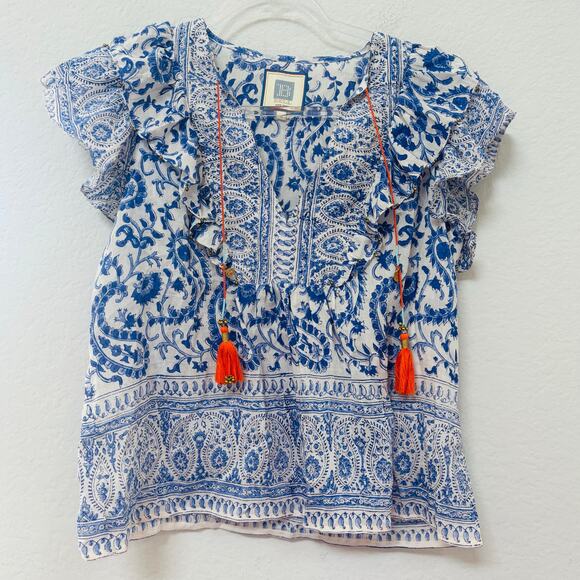 Hunter Bell Silk Blend Tassel Tie Floral Paisley Boho Blouse Blue White Small - Picture 1 of 6